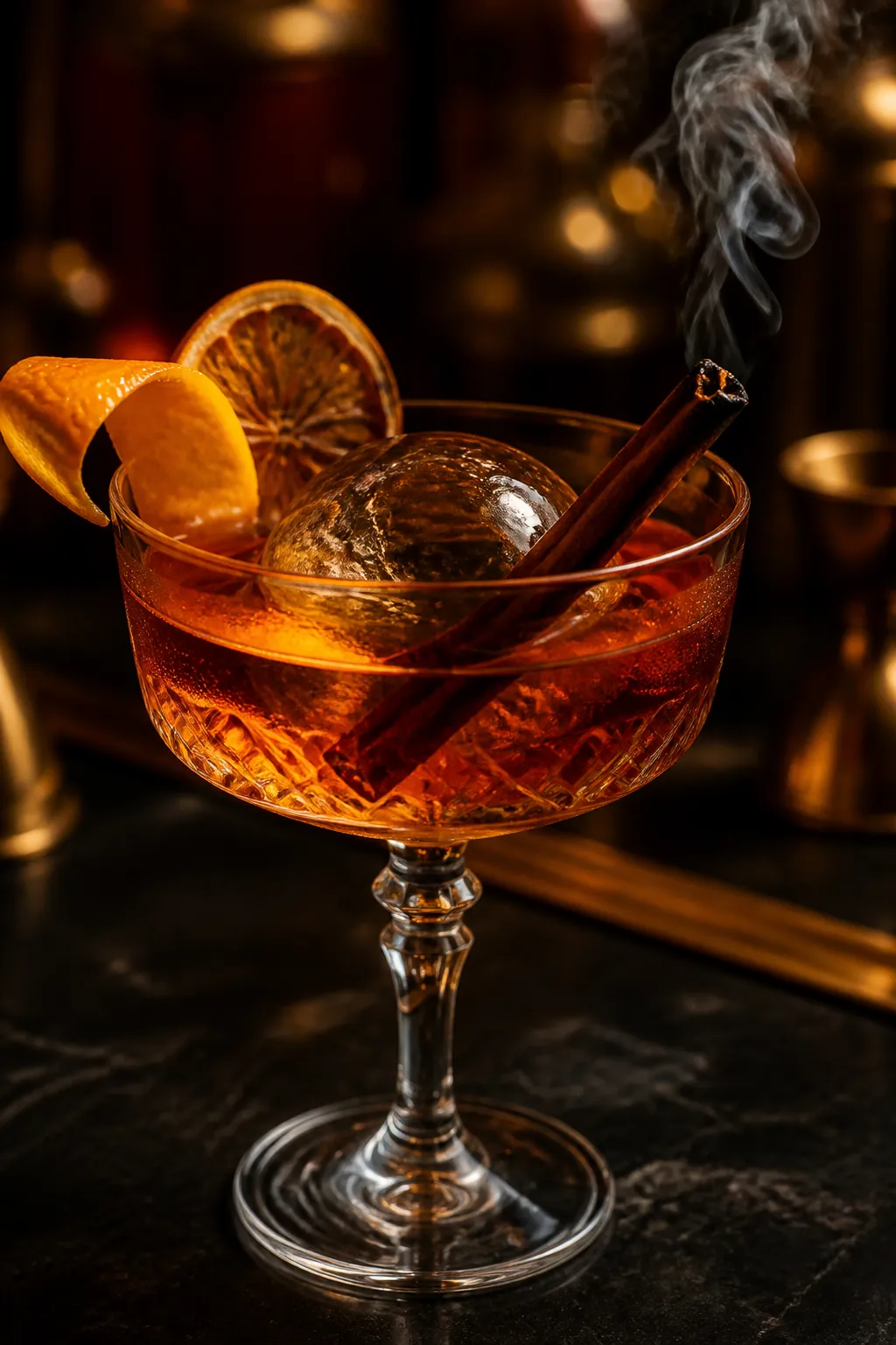 A smoked amber cocktail in a crystal coupe with a torched cinnamon stick