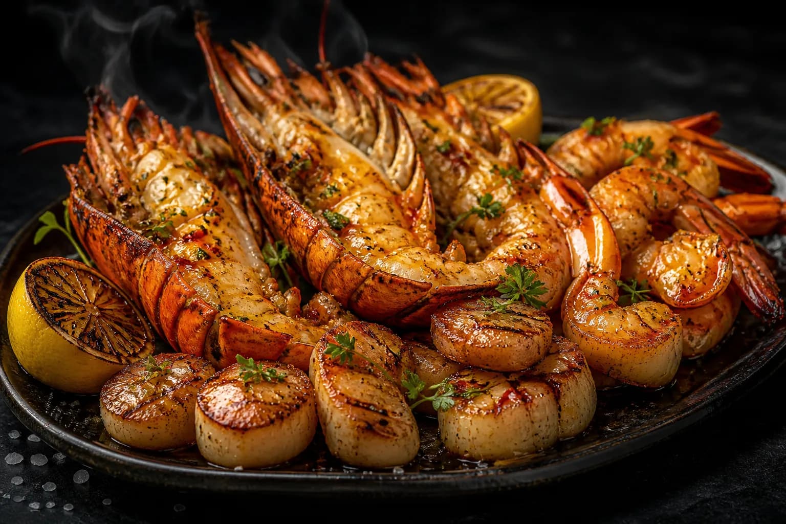 Grilled lobster tails, scallops and prawns on a dark platter
