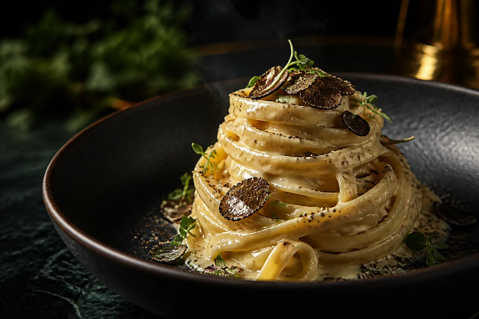 Truffle tagliatelle twirled in a dark bowl with shaved black truffle