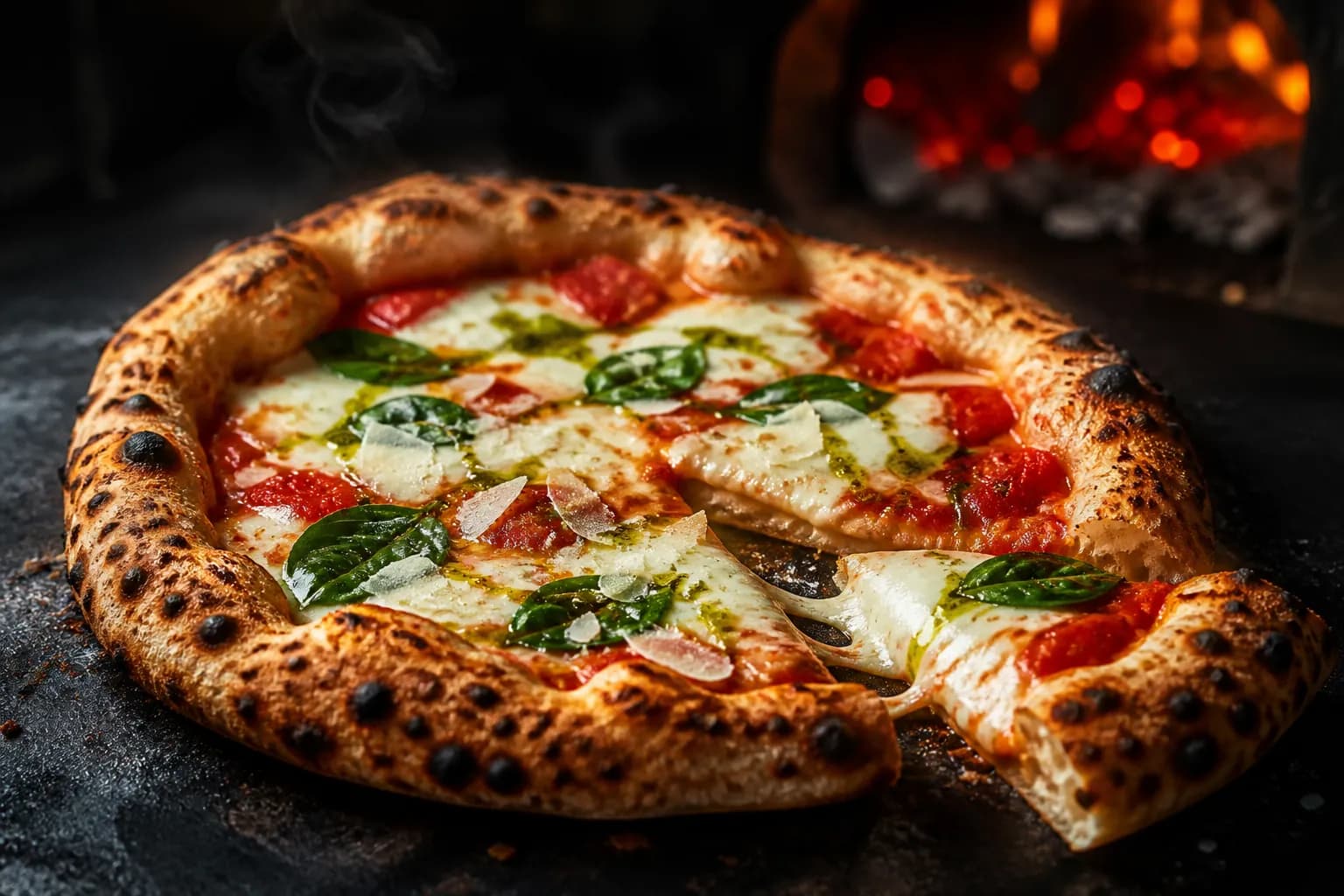Wood-fired margherita pizza with charred crust in front of a glowing oven