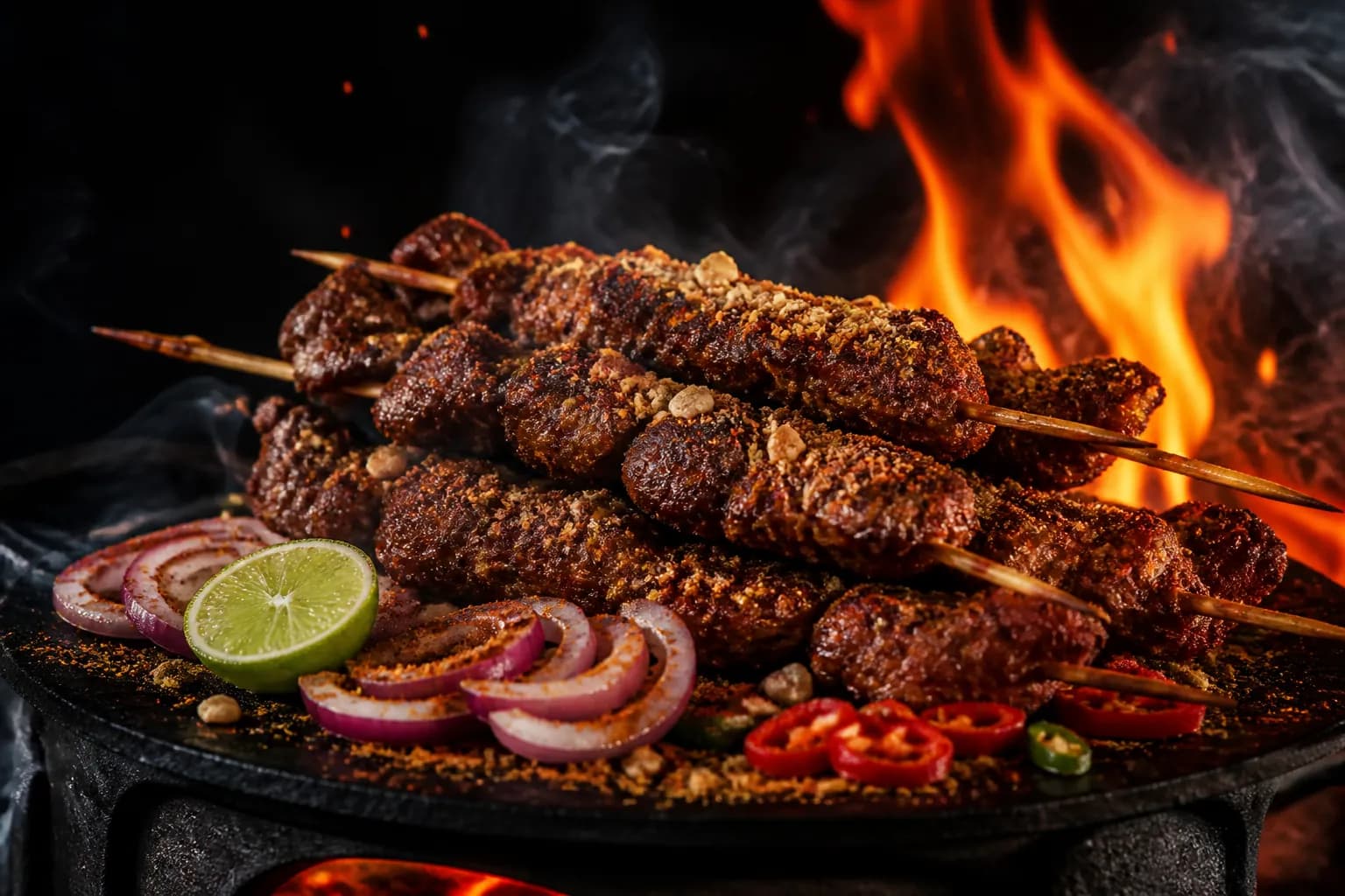 Beef suya skewers on a cast-iron plate with flames rising behind