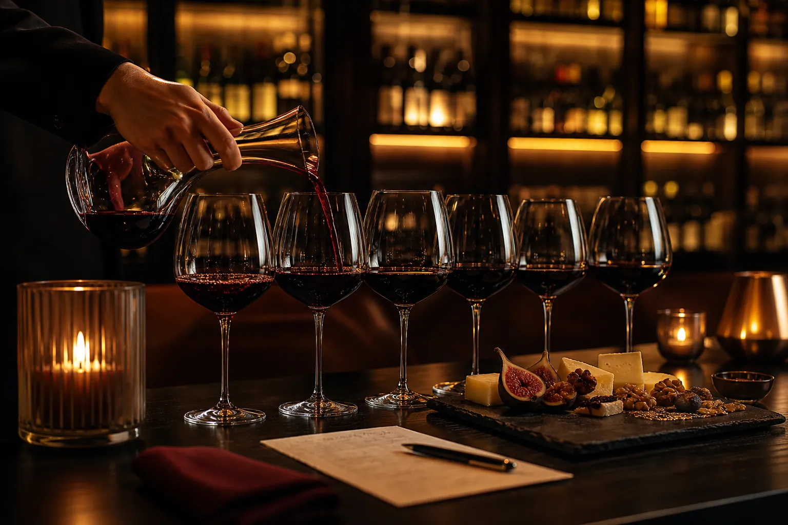 A Burgundy wine flight on the bar with candlelight