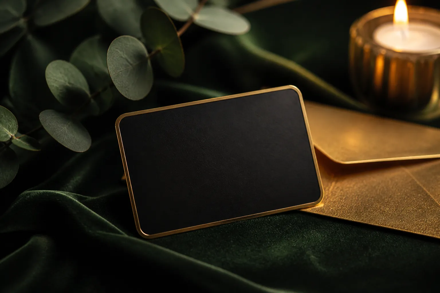 A black and gold DZIFOODS gift card on green velvet beside a candle