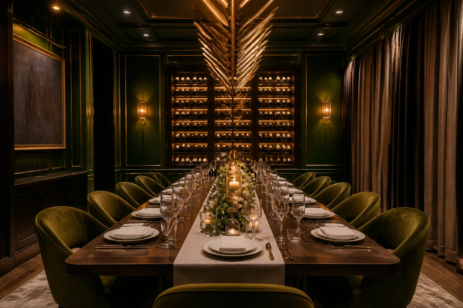 The Cellar private dining room set for twelve with candles and a wine wall