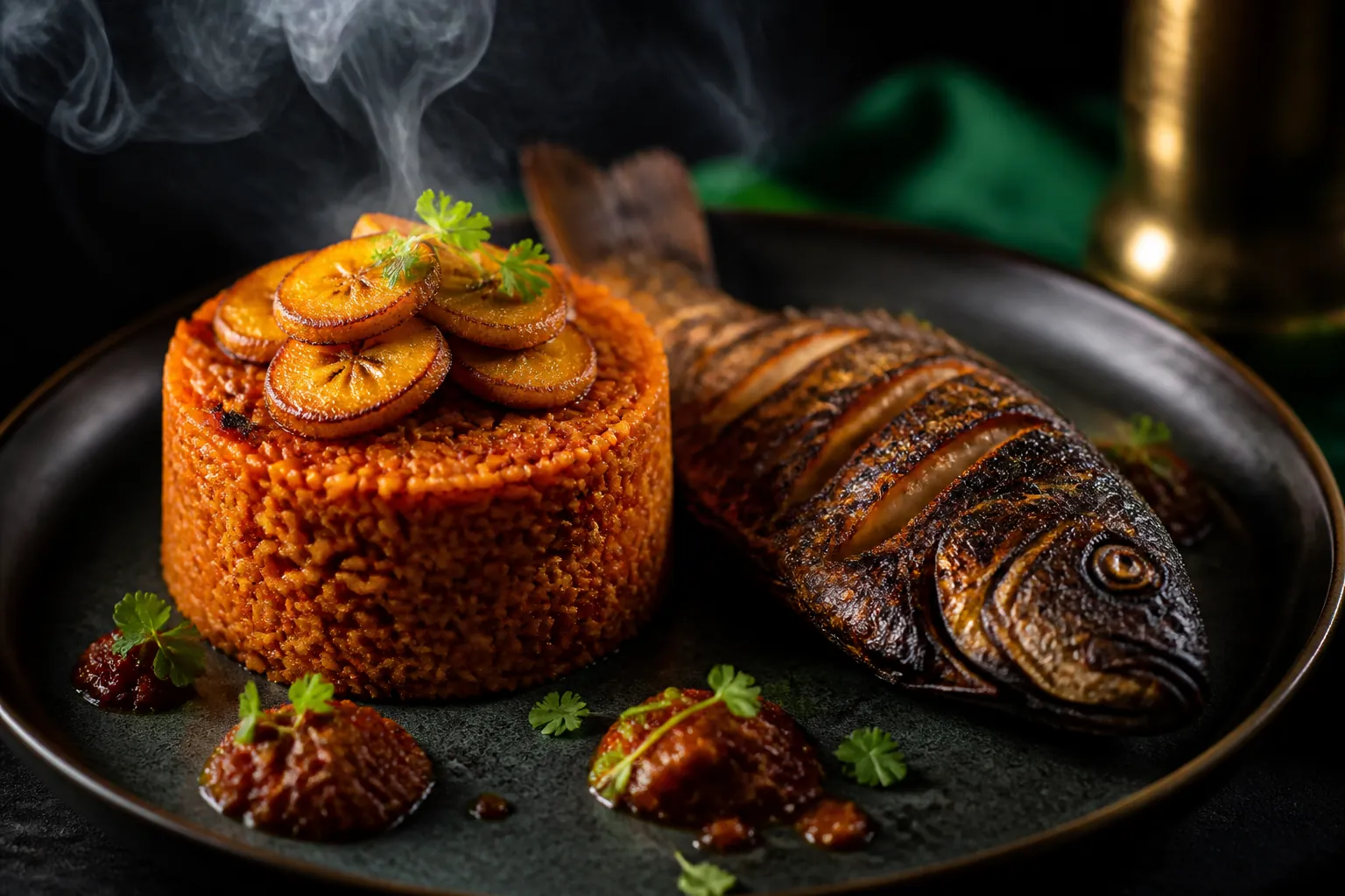 Smoked party jollof crowned with caramelised plantain and shito