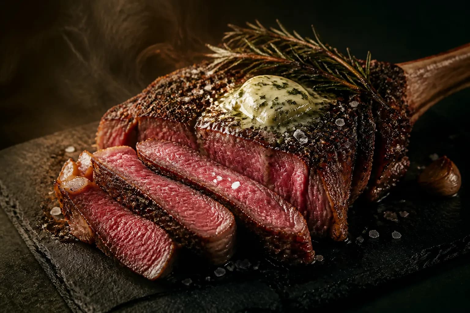 A dry-aged tomahawk steak resting under herb butter beside charred rosemary